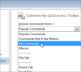 Customize Quick Access Toolbar Choose commands menu
