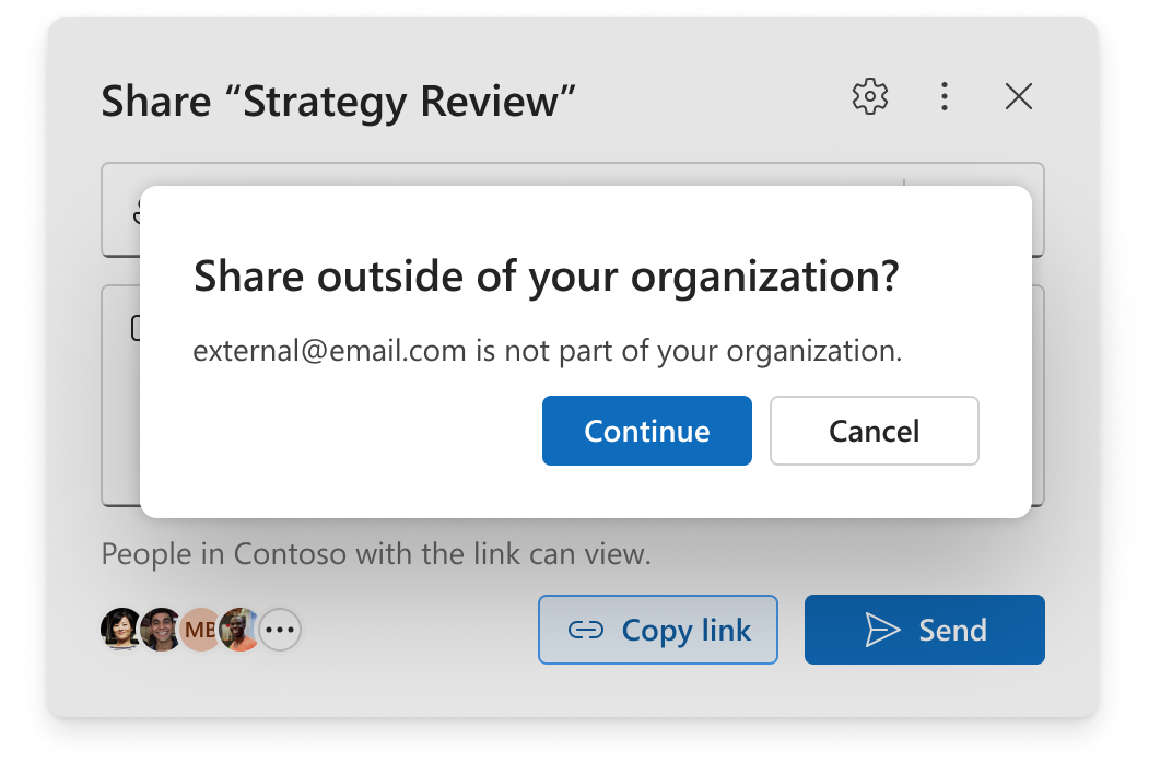 Pop-up that shows when you try to share to an email that is outside of your organization.