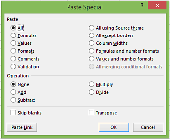 Paste Special in Actuaries Dialog box