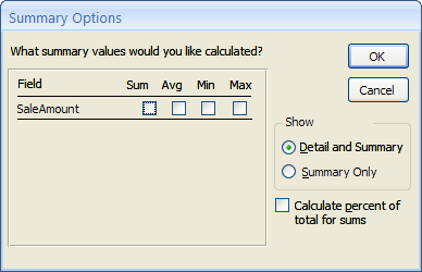 Summary options in report wizard
