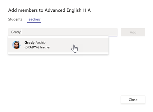 Select the Teacher tab, start typing a name, select the teacher, and then click Add.