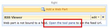 RSS Viewer Web Part showing the Open the tool pane link