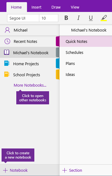 Screenshot of how to create a new OneNote notebook