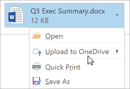 Screenshot of an Outlook compose window, showing an attached file with the Upload command selected.
