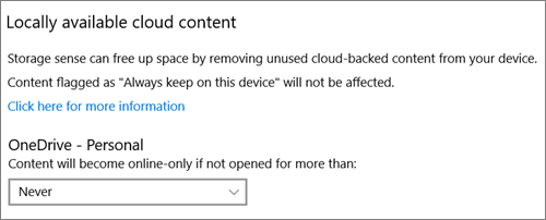 Windows 10 Storage dropdown for selecting when to make OneDrive files online-only