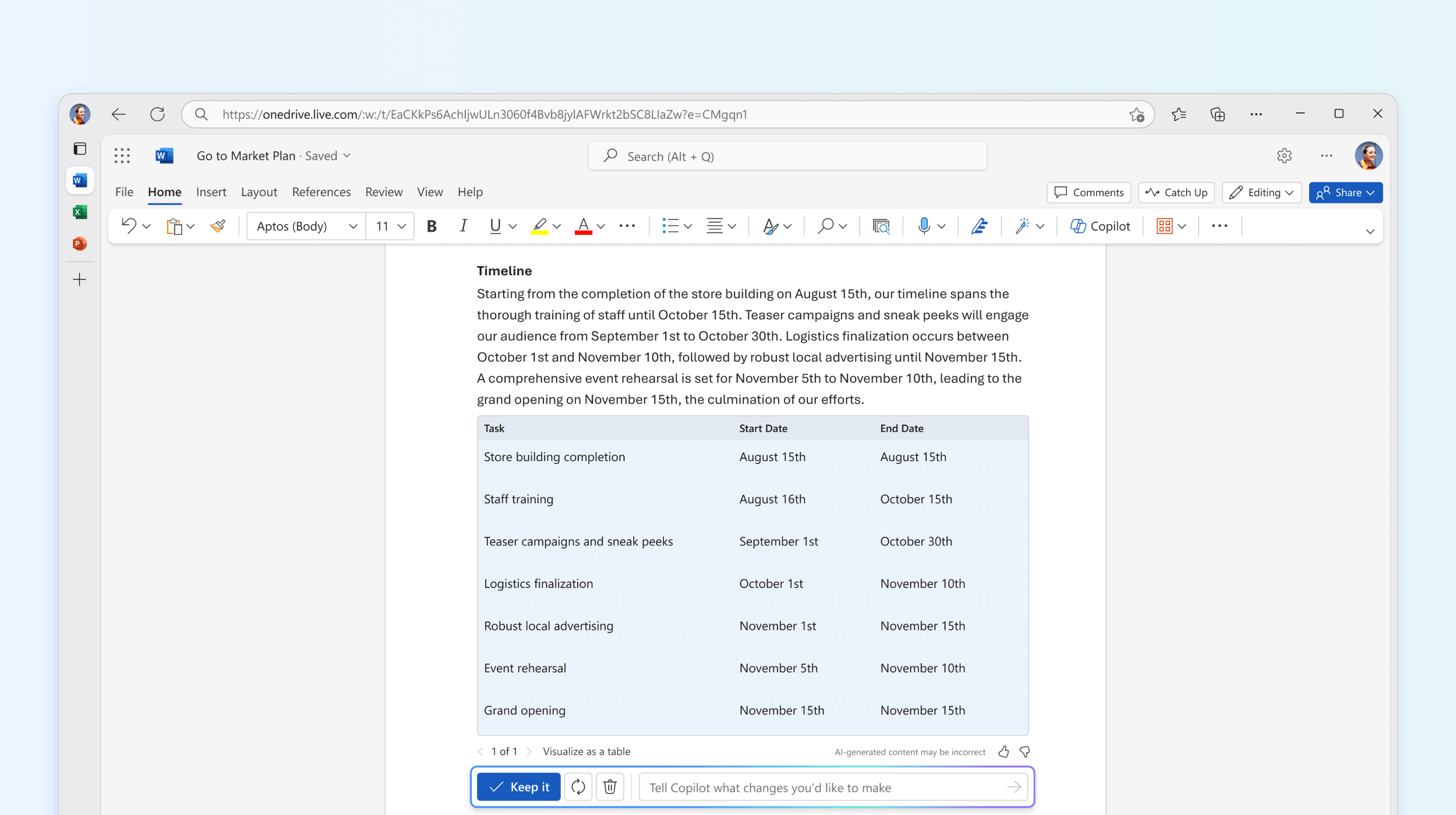 Screenshot of text to table in Copilot in Word