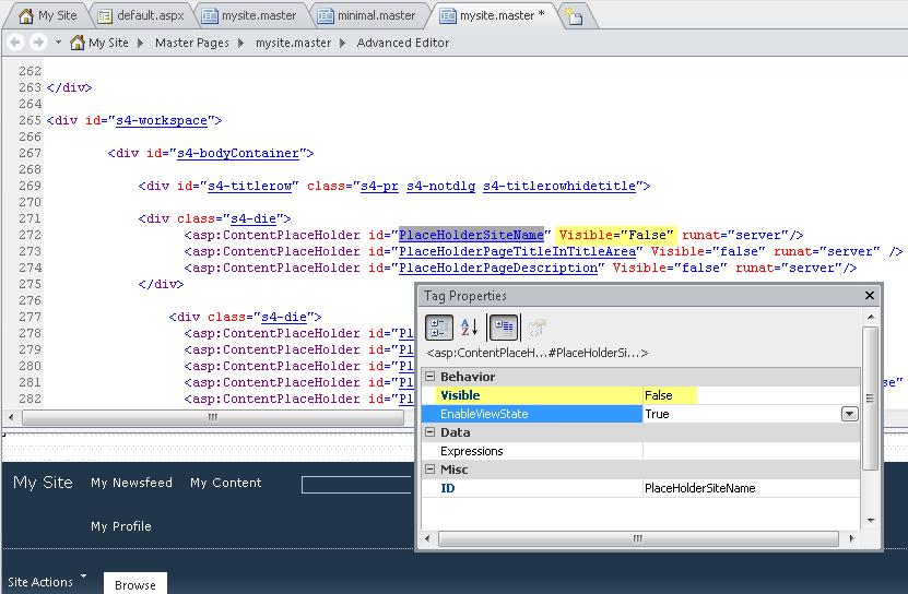 This shows the tag properties for the PlaceHolderSiteName control.