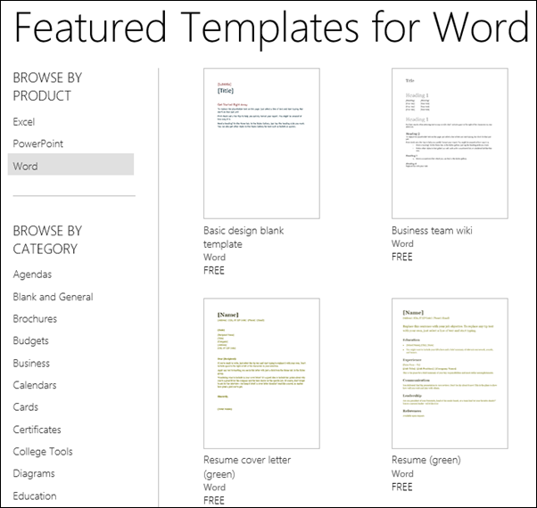 Word Online templates