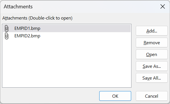 Attachments dialog box in Access displaying two BMP files.