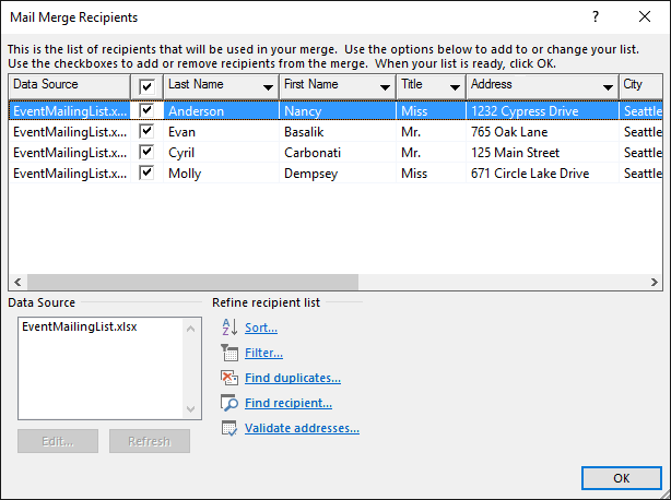 Mail Merge Recipients dialog box that shows the contents of a Excel spreadsheet used as a data source for a mailing list