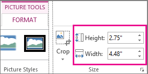 Height and Width boxes in the on the Picture Tools Format tab