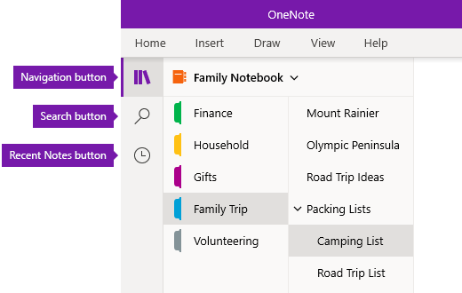 Navigation bar in OneNote for Windows 10