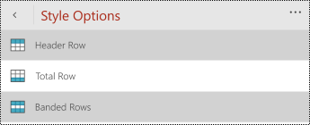 Table styles menu in PowerPoint Mobile for Windows Phones.