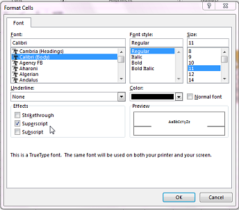 Format dialog box with superscript selected.