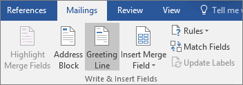 As part of Word mail merge, on the Mailings tab, in the Write & Insert Fields group, choose Greeting Line.