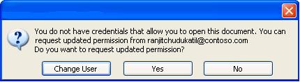 Dialog box showing that a document with restricted permission was forwarded to an unauthorized person