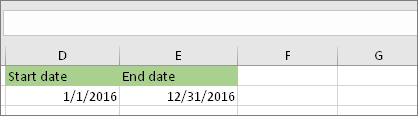 Start date in cell D53 is 1/1/2016, end date is in cell E53 is 12/31/2016