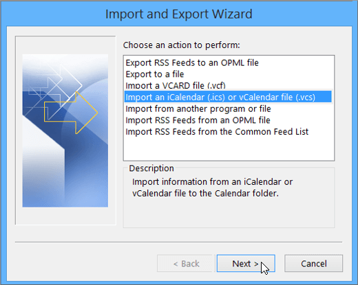 Choose Import an iCalendar or vCalendar file.