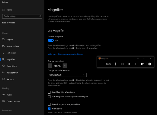 Screen colors inverted with Magnifier on in Windows.