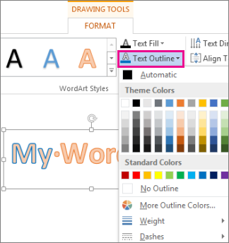 Text Outline Color gallery found on the Drawing Tools Format tab