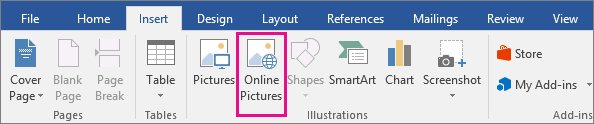 The Online Pictures icon is highlighted on the Insert tab