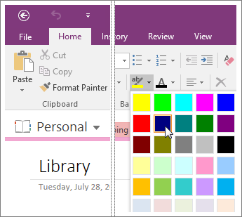 Screenshot of the Text Highlight Color button in OneNote 2016.