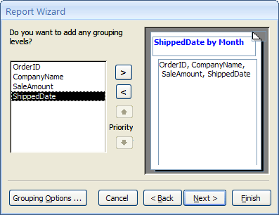 Adding grouping levels in report wizard