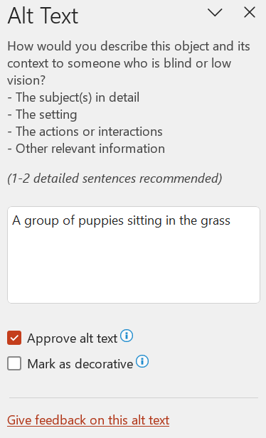 Alt text pane showing approved automatically generated text