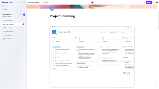 Shows the Loop app with a Planner component that's a project plan.
