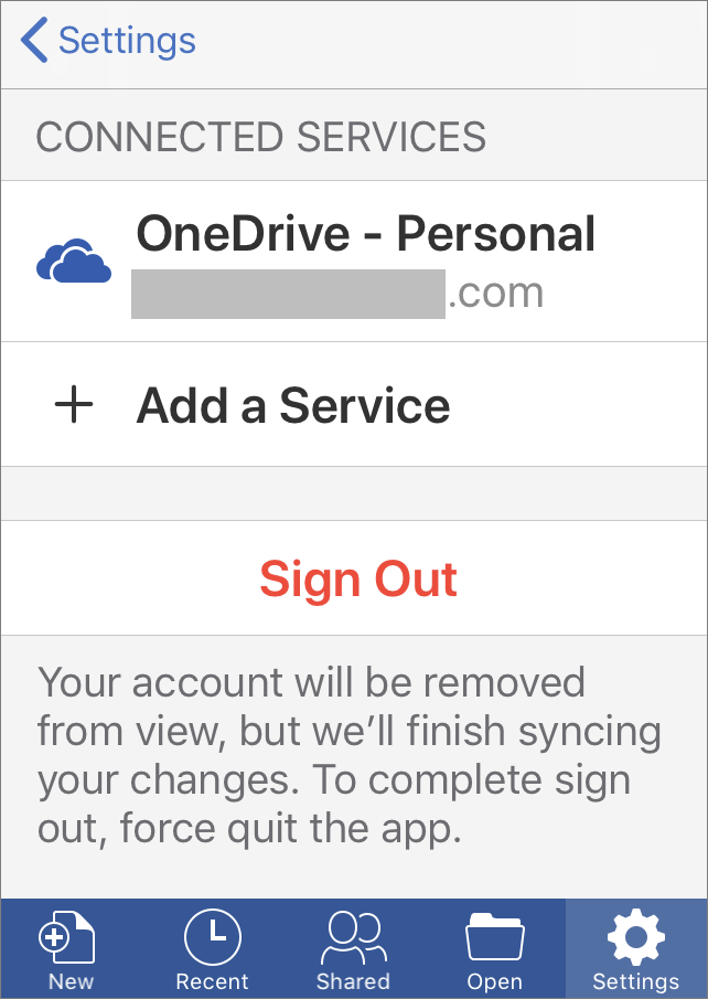 Shows the option to Sign Out in Office for iOS