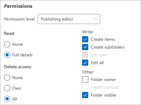 Screenshot showing Publishing editor selected as permission level