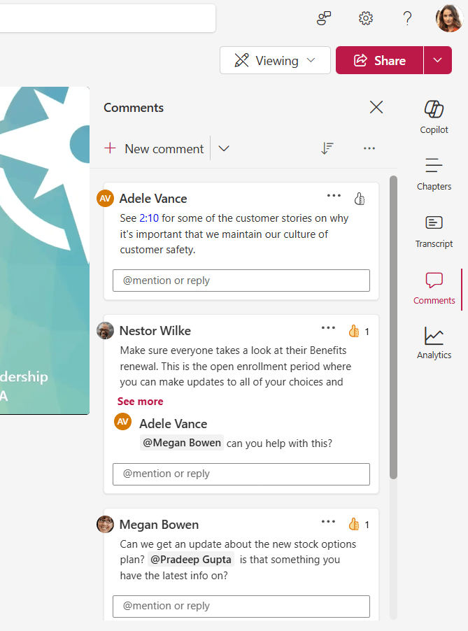 Comment pane open in Stream video player with several comments showing @mentions, timestamps, liking comments, and threaded replies.