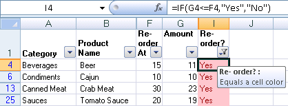 Example results of products needing reorder problem