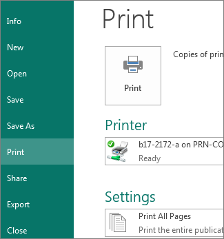 Screenshot of the Print options in Publisher.