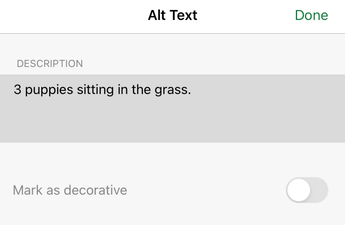 Alt Text dialog box in Excel for iOS.