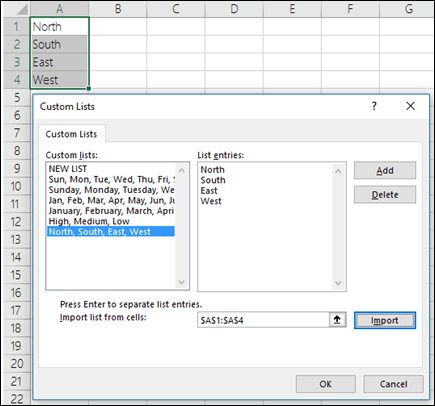 Custom List dialog from File > Options > Advanced > General > Edit Custom Lists. For Excel 2007 click the Office Button > Excel Options > Popular > Edit Custom Lists.