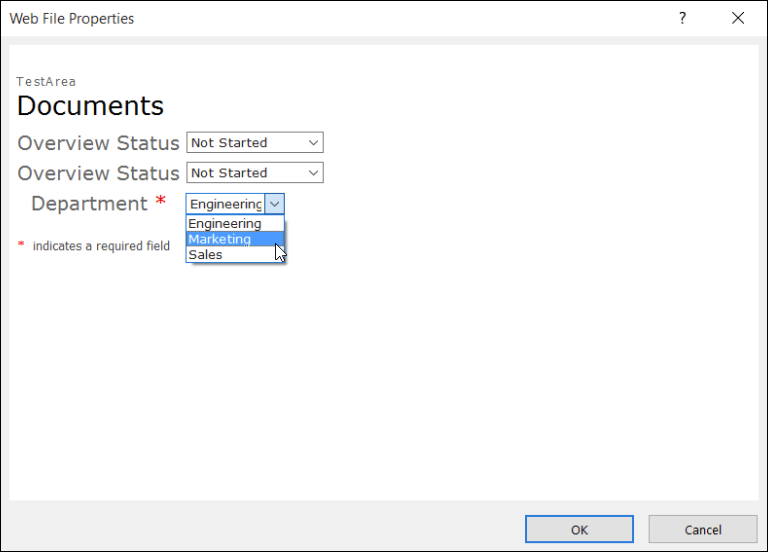 Web File Properties dialog box with Department field displaying a list of three options.