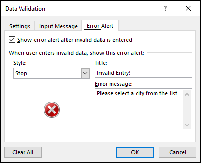 Data Validation Drop-Down Error Message options