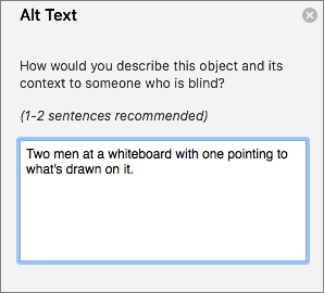 Alt Text pane for adding alt text to an image in Outlook