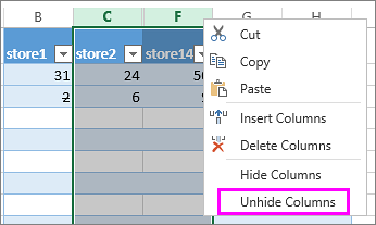 right-click the column or header and pick Unhide Columns