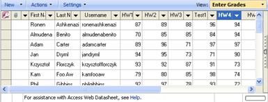 The Enter Grade datasheet view allows you to update the grades.