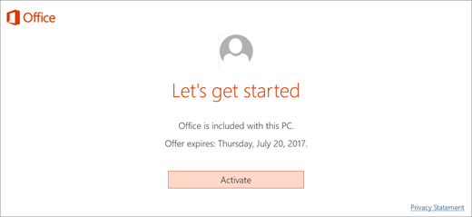 Shows the Activate button to activate Office that's included on your new PC