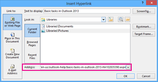 insert hyperlink dialog box