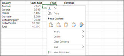 Right-click any cell to display your Cut/Copy/Paste options in Excel for the Web.