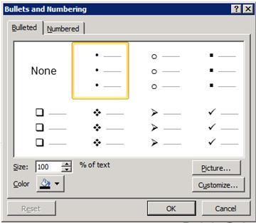 bullets and numbering dialog box