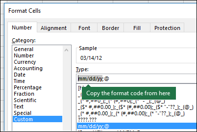 Example of using the Format > Cells > Number > Custom dialog to have Excel create format strings for you.