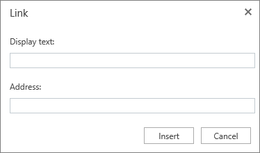 Screenshot of the Link dialog with Display Text and Address fields for information for a hyperlink.