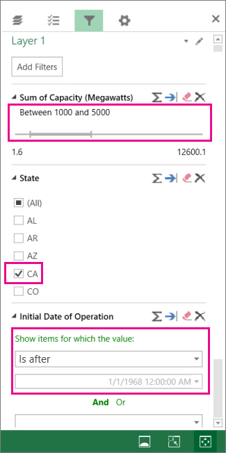 Filters for numbers, text values, and dates