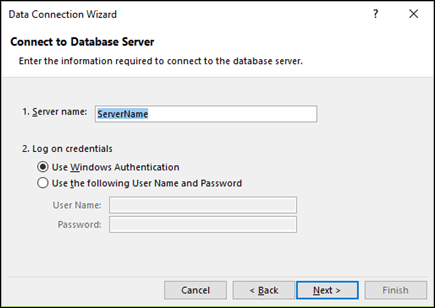 Data connection wizard > Connect to server