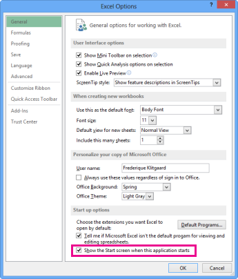 Start up options in the Excel Options dialog box